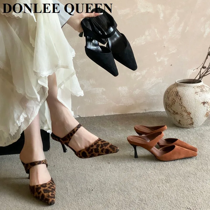 

Новые модные женские мюли с леопардовым принтом на тонком высоком каблуке, с закрытым носком, сандалии-шлепанцы, туфли без застежек, весна 2026