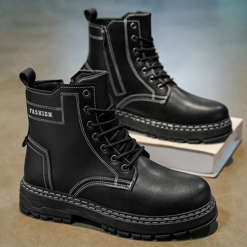 Men's All-Match Chunky Platform Boots, Durable Leather Streetwear Work Shoes