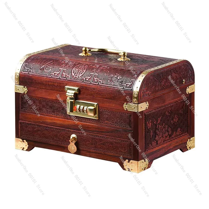 Redwood Jewelry Box with Combination Lock, Rosewood Solid Wood Jewelry Storage Box, High-End Jewelry Box with Retro Design