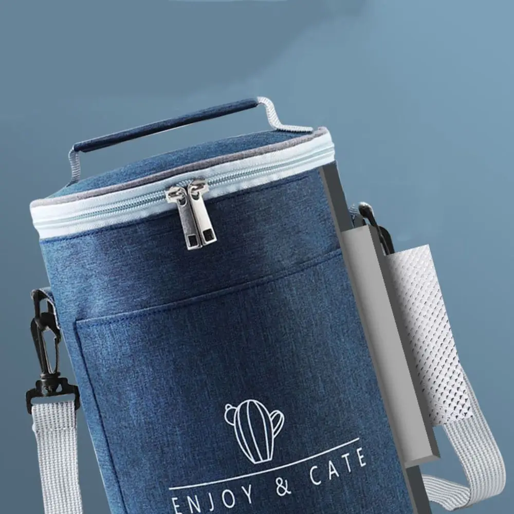 Aluminum Foil Cylinder Insulated Lunch Box Bag Oxford Large Capacity Round Lunch Bag with Adjustable Strap Waterproof