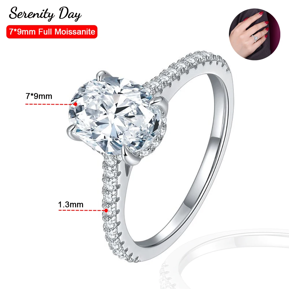 

Serenity Day Real D Color 7*9mm 2 Carat Oval Cutting Shape Full Moissanite Row Rings For Women 100% S925 Sterling Silver Bands