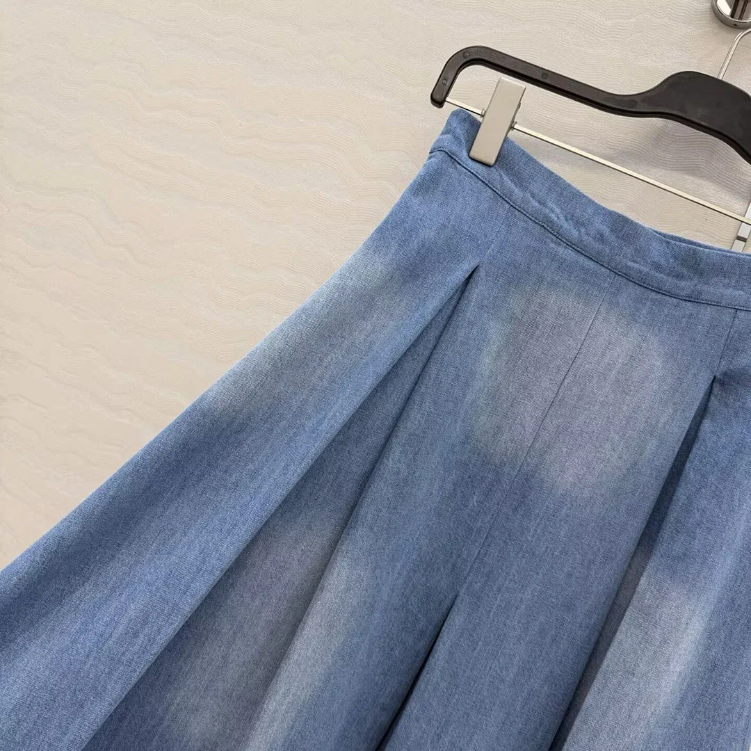 2026 New Spring Fashion Vintage Bue Denim Long Skirts Womens High Waist Lace Embroidery Pleated Loose Sweet Skirt