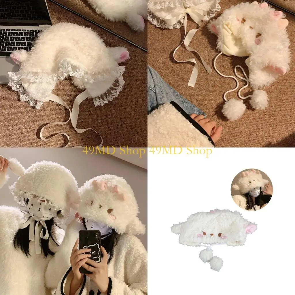 

49MD Меховая плюшевая шапка с овечьими ушками Теплая флисовая шапка Головной убор для холодной погоды для повседневной носки