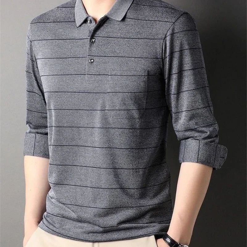 Men Autumn Long Sleeve Polo Shirt Dad Style Loose Fit Collared T-Shirt Top