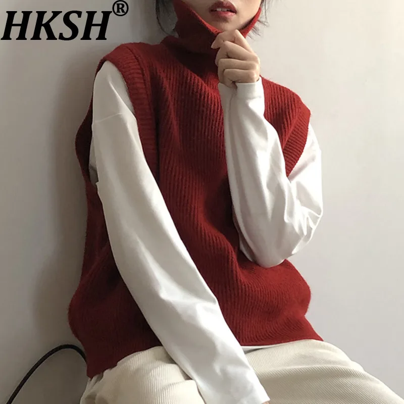 

HKSH Autumn Winter New Women Sweater Sleeveless Solid Color Turtleneck Pullover Knitted Vest Korean Casual Versatile Ins HK11746