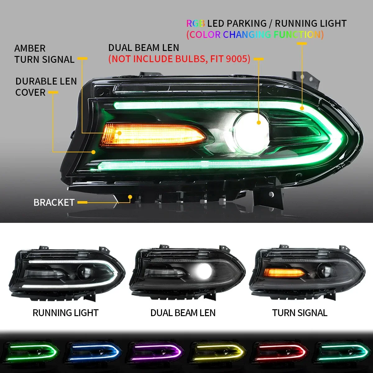 Suitable For 7Th Gen Facelift Dodge Charger LD 2015-2021 RGB Projector Headlights With Dual Beam Lens And Color Changing System