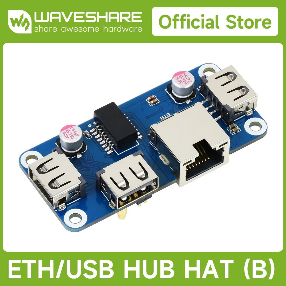 

Waveshare Ethernet / USB HUB HAT (B) for Raspberry Pi 5/4B/3B, 1x RJ45 Ethernet Port, for Raspberry Pi 5/4B/3B/Pi Zero/Zero W