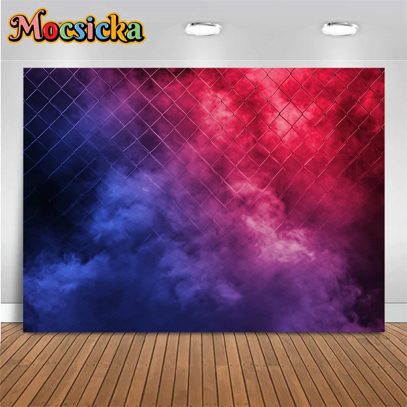 Mocsicka Blue Yellow Red Smoke Chain Link Fence Photography Backdrop Banner Abstract Gradient Colorful Background Party Tapestry