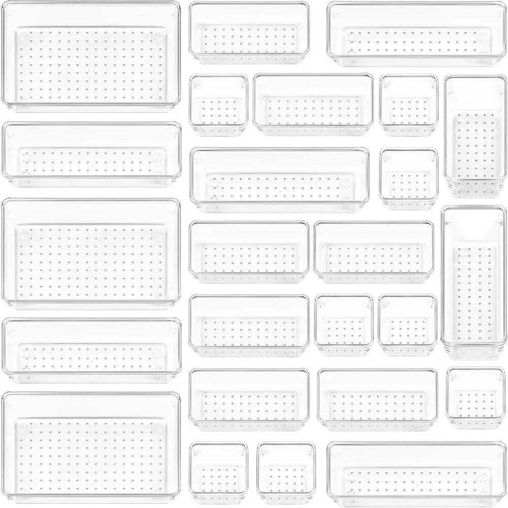 

Набор органайзеров из прозрачного пластика из 25 предметов — 4 размера для макияжа, ванной комнаты, кухни и офиса