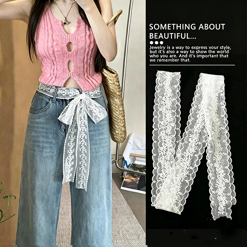 Sweet Lace Bow Elastic Belt Summer Bohemian Style Wide-brimmed Headdress Dress Jeans Belt  Fashion Sweater Chain Waist Seal