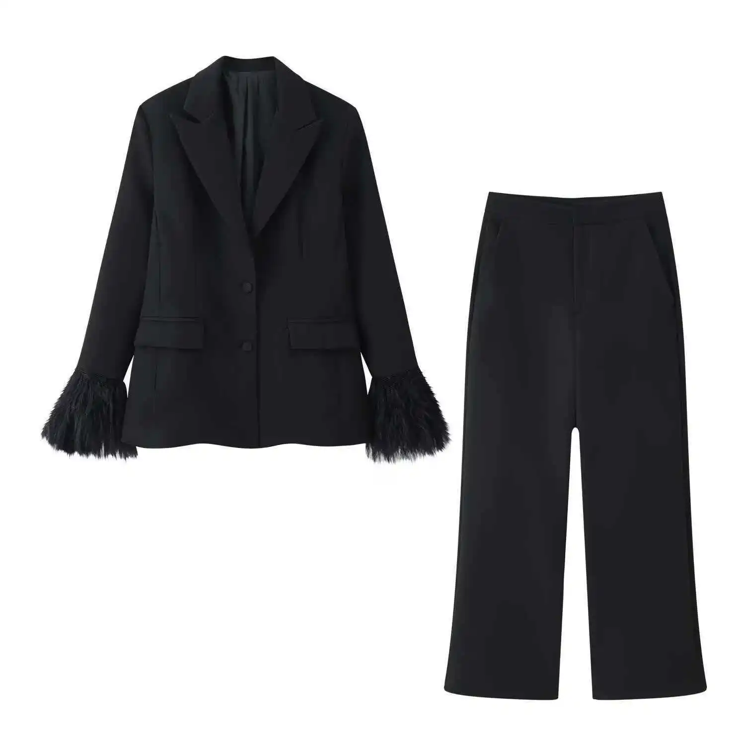 Conjunto de calças de duas peças feminino commuter jaqueta casual moda versátil borla mangas jaqueta de cintura alta calças de terno de perna reta