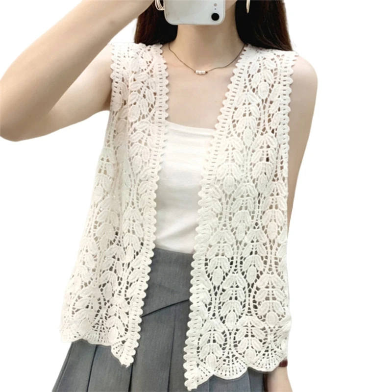 Women Vintage Hollowed Out Knitted Crochet Open Front Vests Cardigans Casual Loose Sleeveless Sweater Beach Waistcoat P8DB