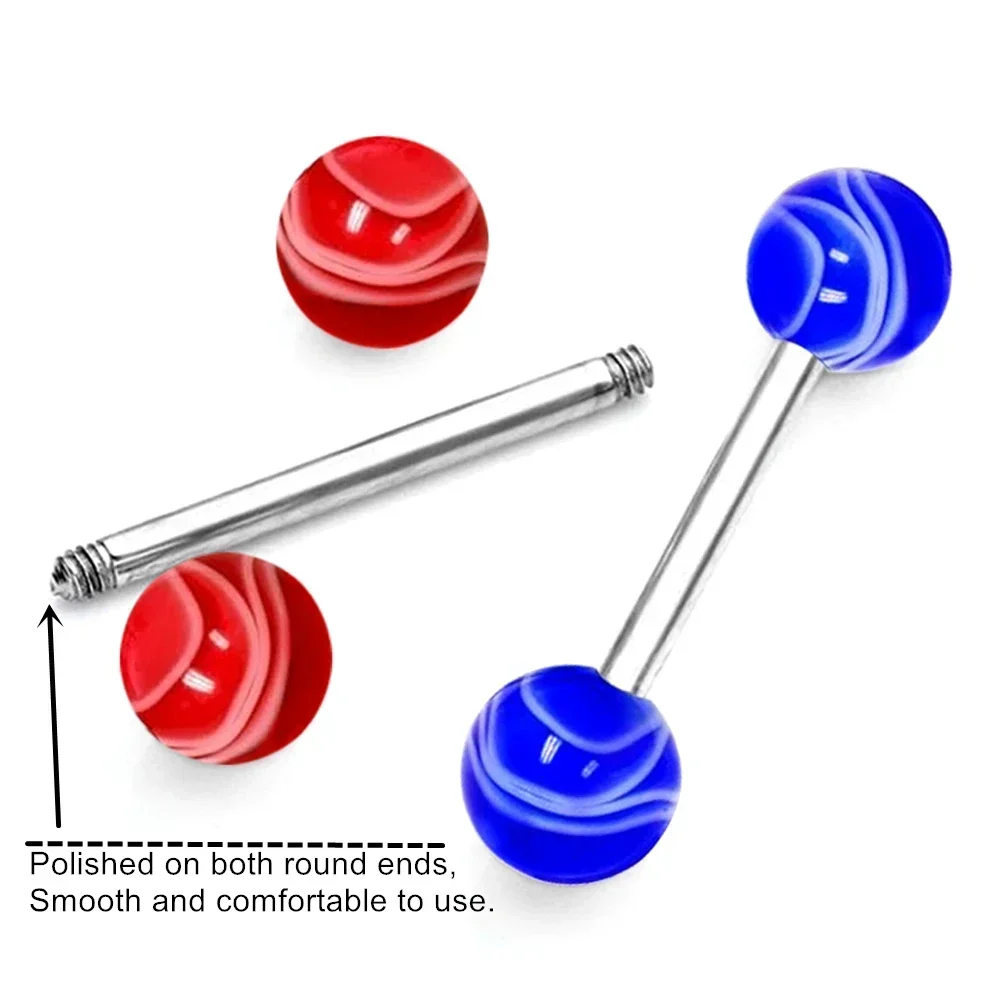 6Pcs Marble Tongue Ring Acrylic Ball 16mm 19mm 22mm Steel Bar Marbling Barbell Nipple Piercing Jewelry
