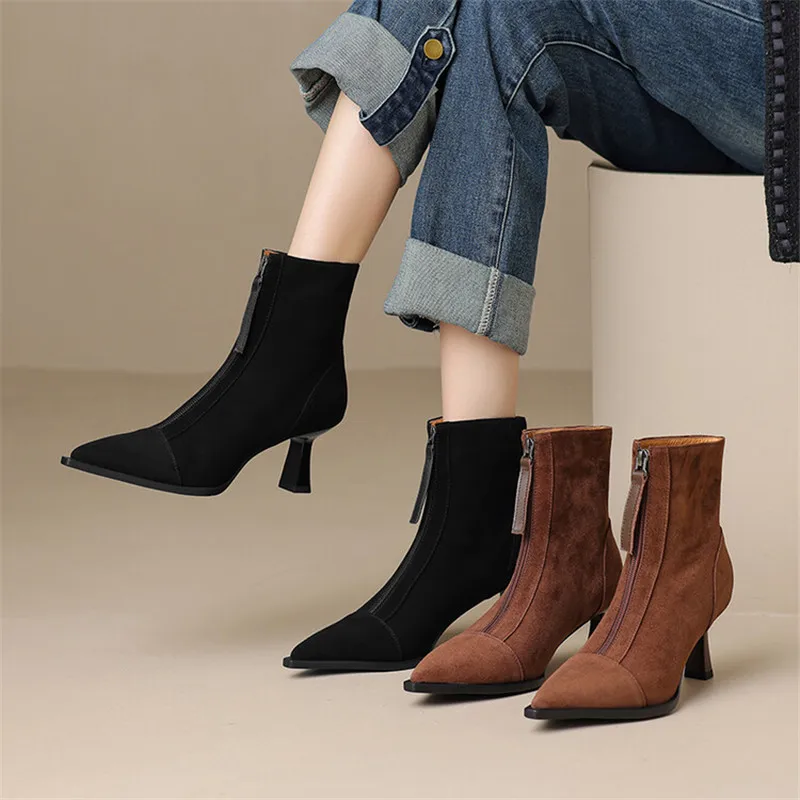 2023 New Winter Sheep Suede Women Boots Pointed Toe Boots for Women High Heels Short Boots Concise Ladies Shoes Zapatos De Mujer