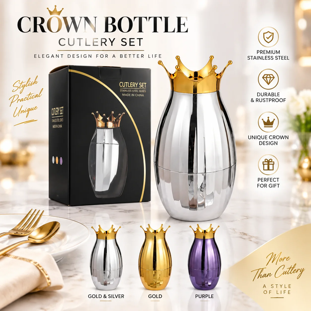 Stainless steel tableware 24-piece set, crown shape design. Tableware gift box light luxury knives, forks and spoons,  gift box
