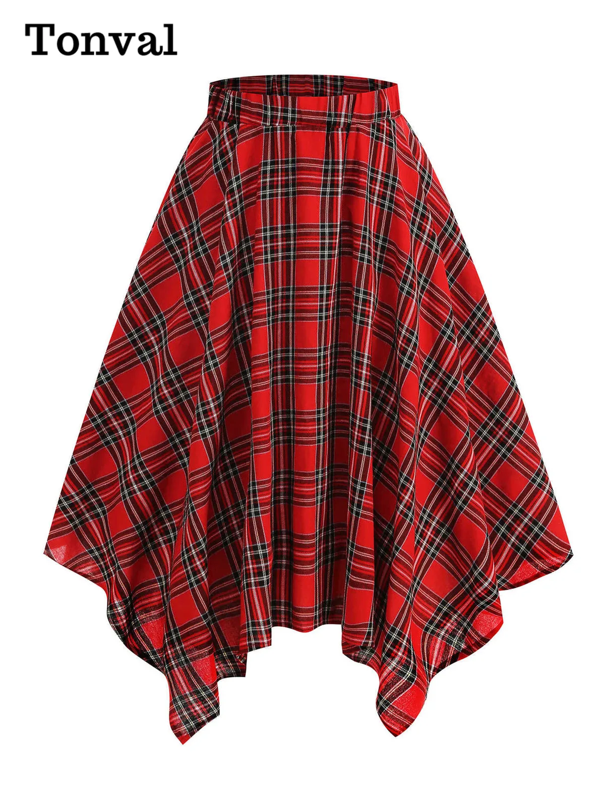 Tonval Tartan Vintage Dames Asymmetrische Zoom Midi Rokken Elastische Taille Elegante Kerstfeest Geruite Rok