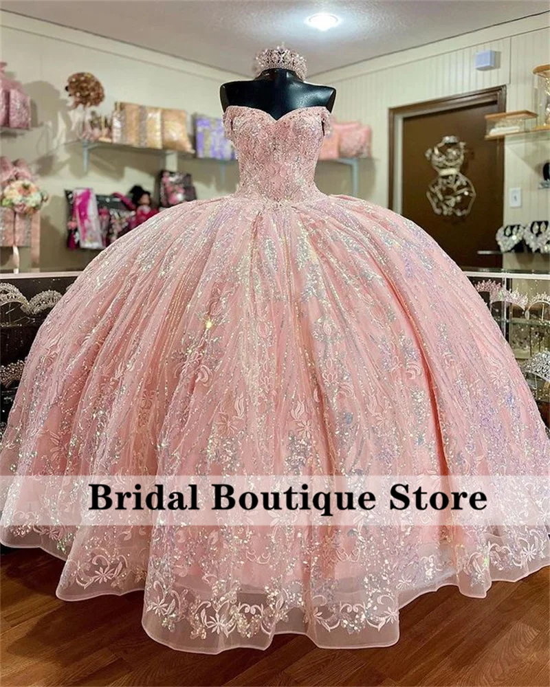 

Sparkly Pink Sweet 16 Ball Gown Quinceañera Dresses Beaded Sequins Vestido De 15 Anos Lace-Up