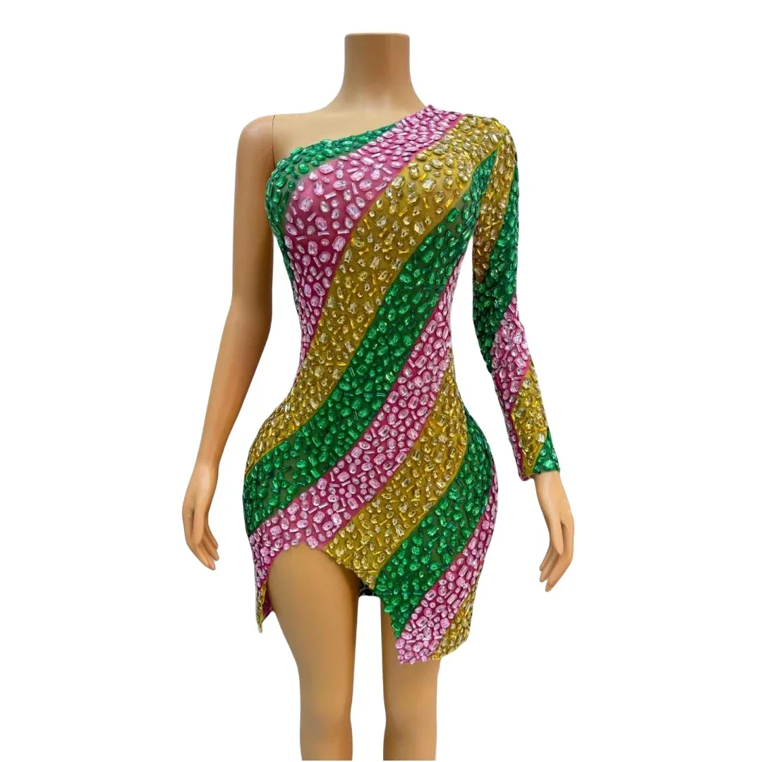 

Full Rhinestone Rainbow Mini Dress Single Shoulder Women DJ DS Gogo Night Club Singer Costume Birthday Queen Colorful Outfit