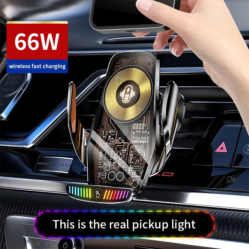 66W Magnetic Car Phone Holder 15W Wireless Fast Charger Car Phone Stand with Sound Pickup Lamp Touch Control for iPhone Samsung