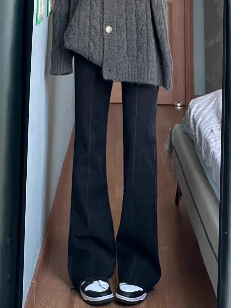 

Широкие джинсы с высокой талией в стиле ретро, женские осенние свободные утягивающие брюки-клеш больших размеров, джинсовые брюки с рваным подолом, долговечные брюки