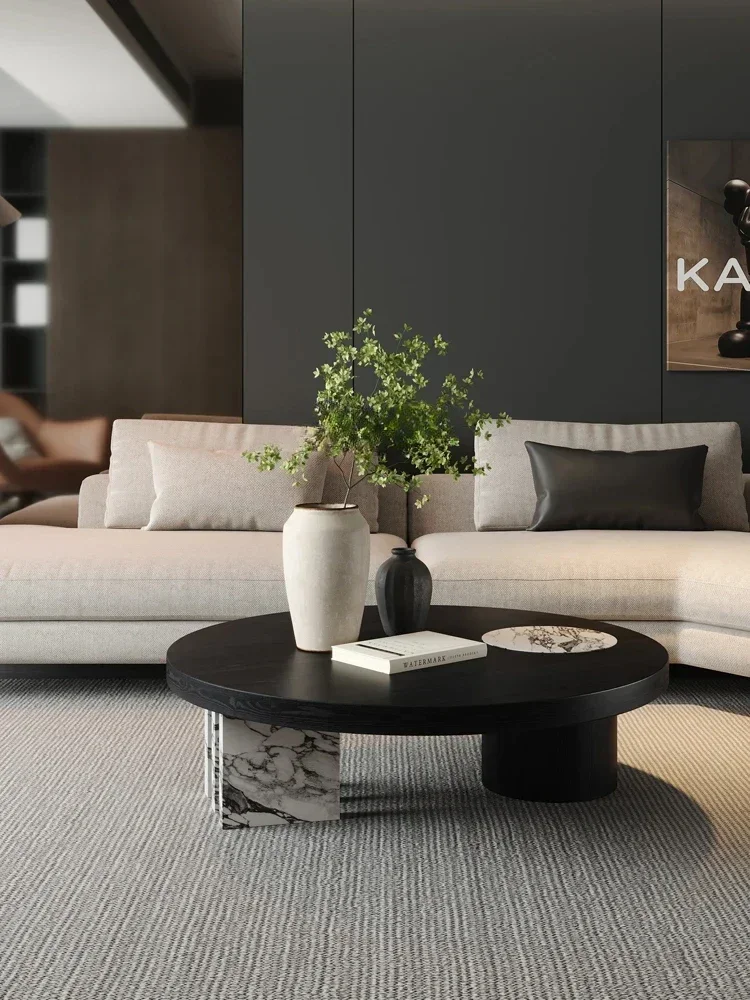 

Mid-Ancient Tea Table round Solid Wood Vintage Natural Marble Tea Table Living Room Black Luxury Stone