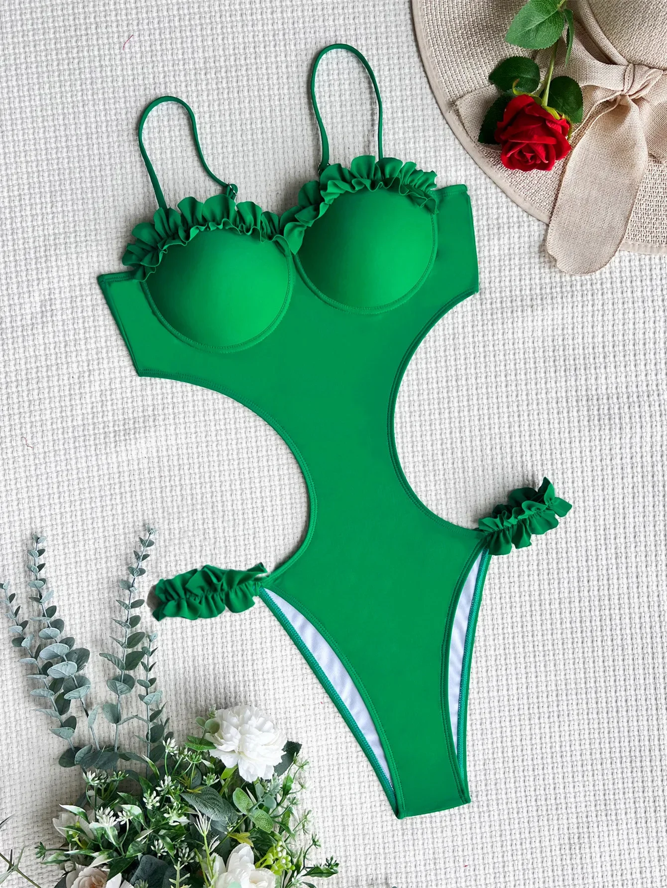مثير رفع الكشكشة ملابس السباحة قطعة واحدة Underwire الجوف خارج الخصر ثوب سباحة مثير داخلية النساء Biquini لباس سباحة