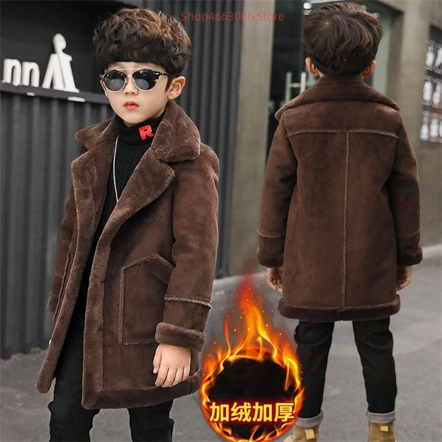 Boys Wool Coat Autumn Winter Children\'s Jacket Fashion Turn Collar Plaid Keep Warm Outerwear Teenage Clothes New 5-14Year