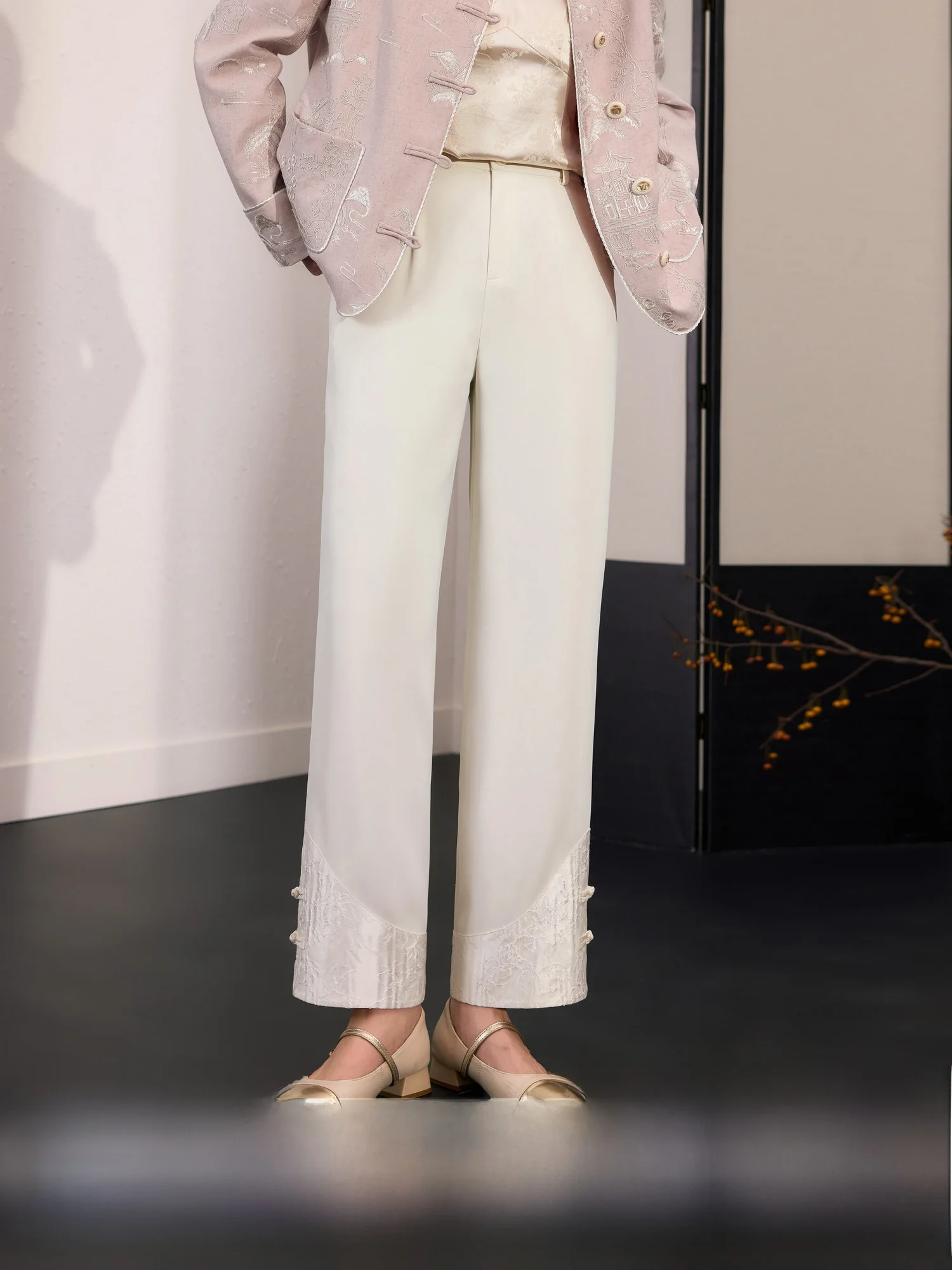

Blue Language Large Size Women's Embroidered High Waist Straight Leg Pants Spring New Sle Nine Points Slimming Trousers
