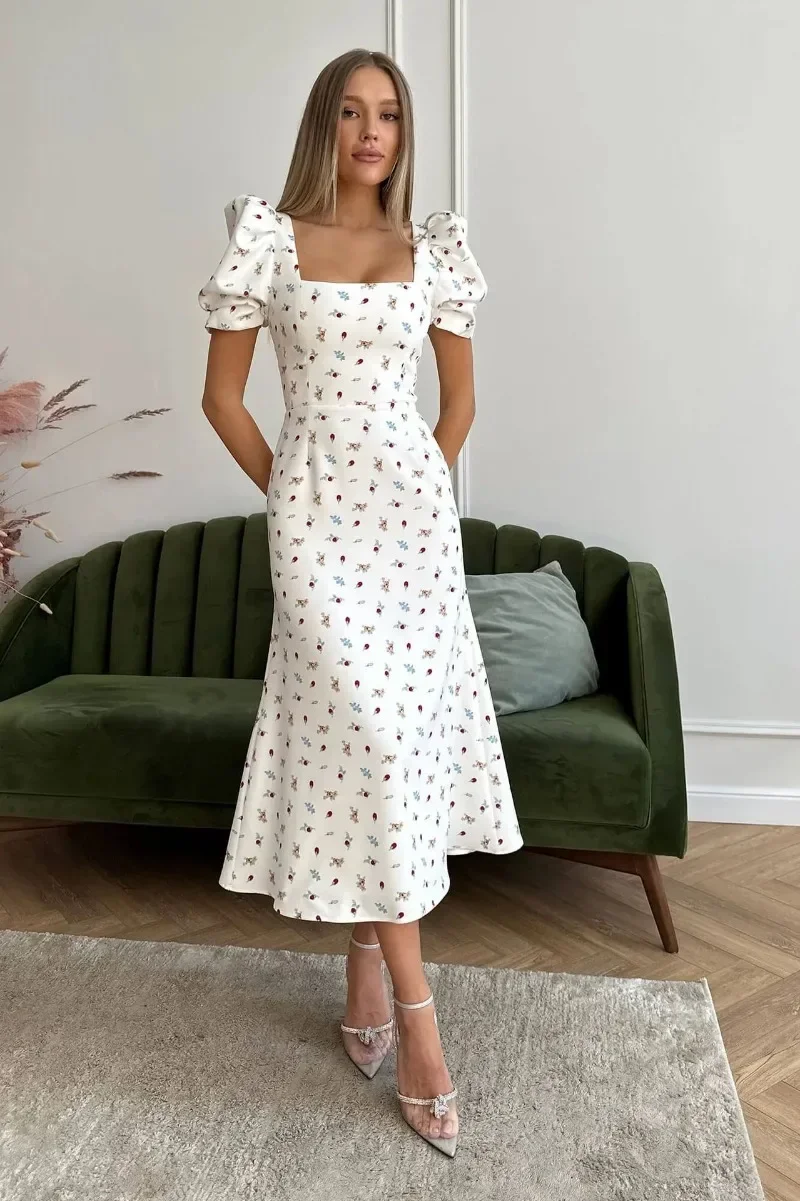 

Korean Womens Summer Midi Dress Casual Short Puff Sleeve Floral Print A-Line Dress Elegant Flowy Dress Beach Y2k Clothing Платье