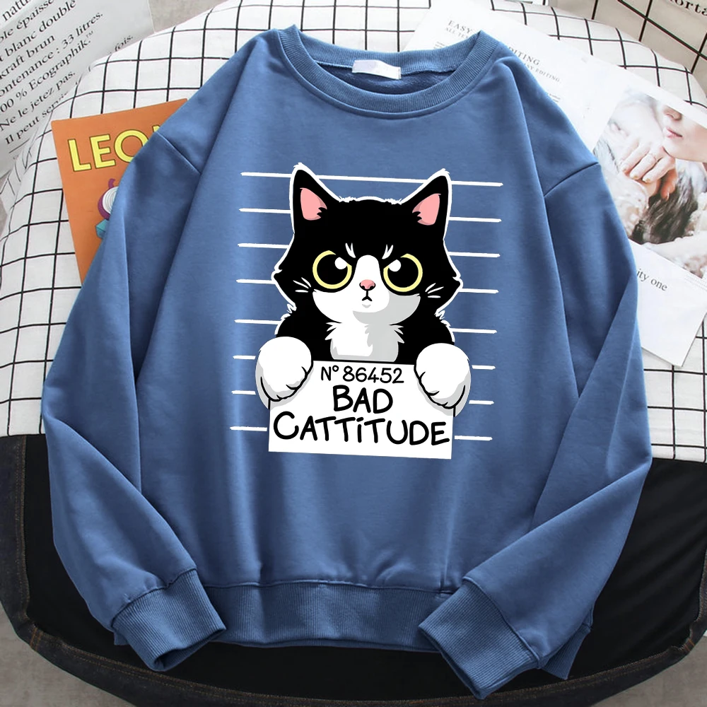 Autumn Winter Womens Pullover No86452 Bad Cattitude Funny Cat Print Hoodie Fleece All-Math Sweatshirts Warm Crewneck Ladies Tops