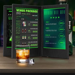 Rechargeable A4 LED Menu Display Book Three Page Four Sided Leather Catalogue for Bars Nightclubs and Western Restaurants