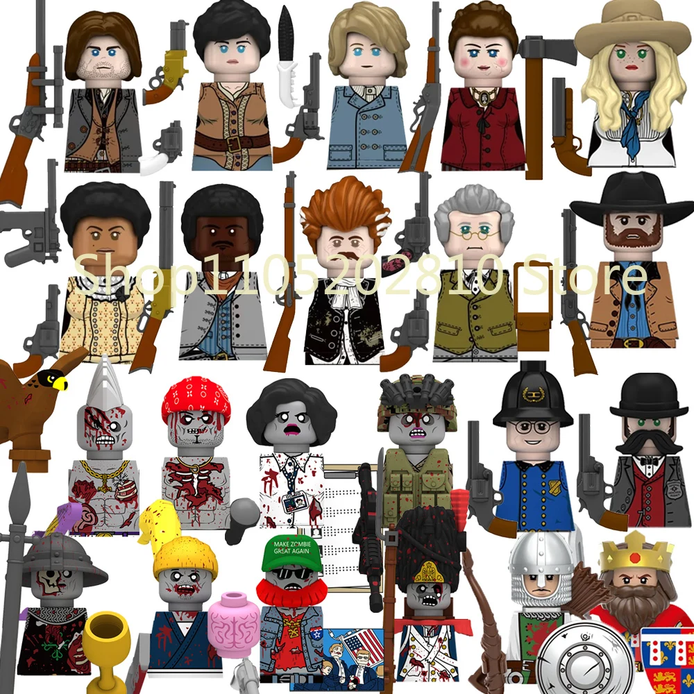 Jeu de construction de figurines de soldats militaires médiévaux, jouet de chevalier, cowboy occidental, policier, détective, voleur, zombies, armes, cadeau I008