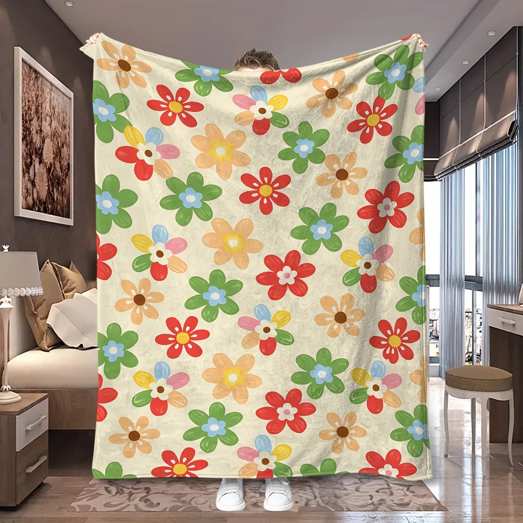 1pc Light Yellow Mixed Tiny Wildflower Pastel Print Flannel Blanket, Soft And Portable, Suitable for Blankets, Bed Covers, Game