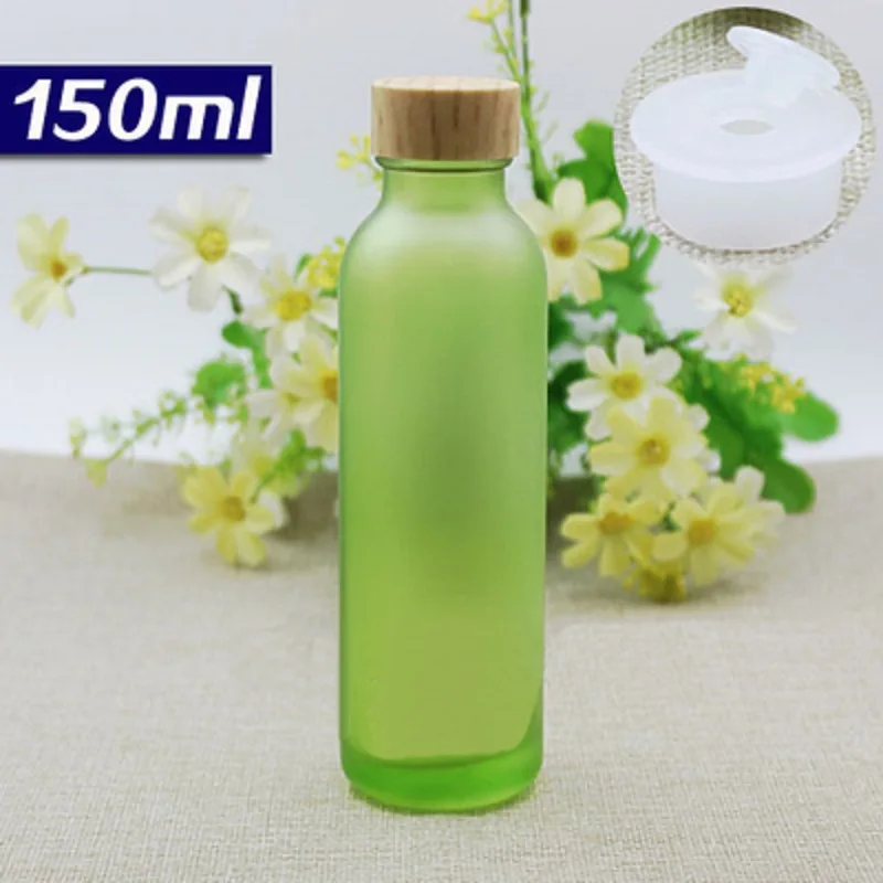 

150ml frosted green glass bottle white/wood shape lid plastic stopper water toner/lotion/emulsion toner essence cosmetic packing