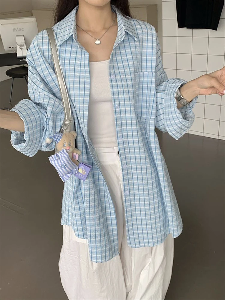 Harajuku Loose Plaid Shirt Women Spring Summer Oversized Turn Down Collar Blouse Woman Korean Chic Long Sleeve Shirts Female