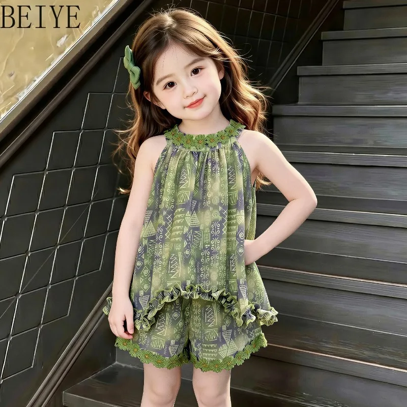 Toddler Boho Vacation Outfit Sleeveless Halter Neck Floral Print Loose Top Ruffle Shorts Children Holiday Beach Matching Set
