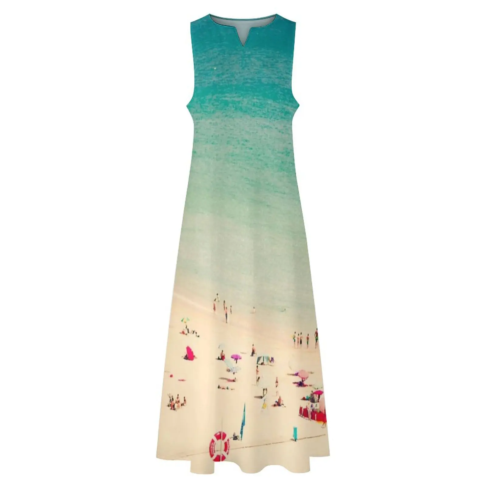 Robe longue imprimée plage aérienne pour femmes, vêtements de plage surpeuplés, océan rétro, photographie de mer et de voyage