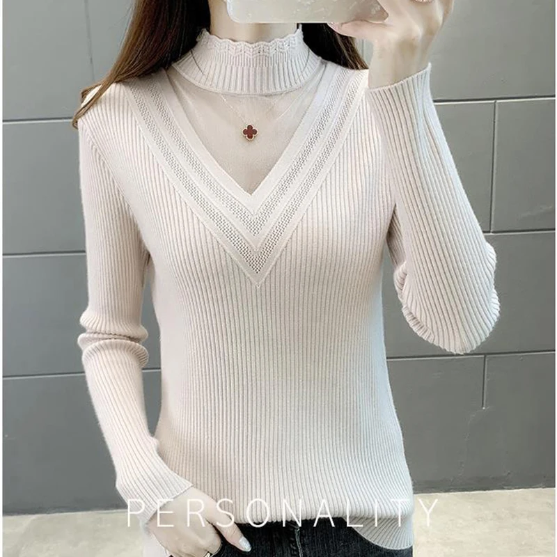 Half-necked Knitted Sweater Women's Fashion Base Sweater 2023 Autumn And Winter New Lace Slim Long-sleeved Pullover Maoyinv