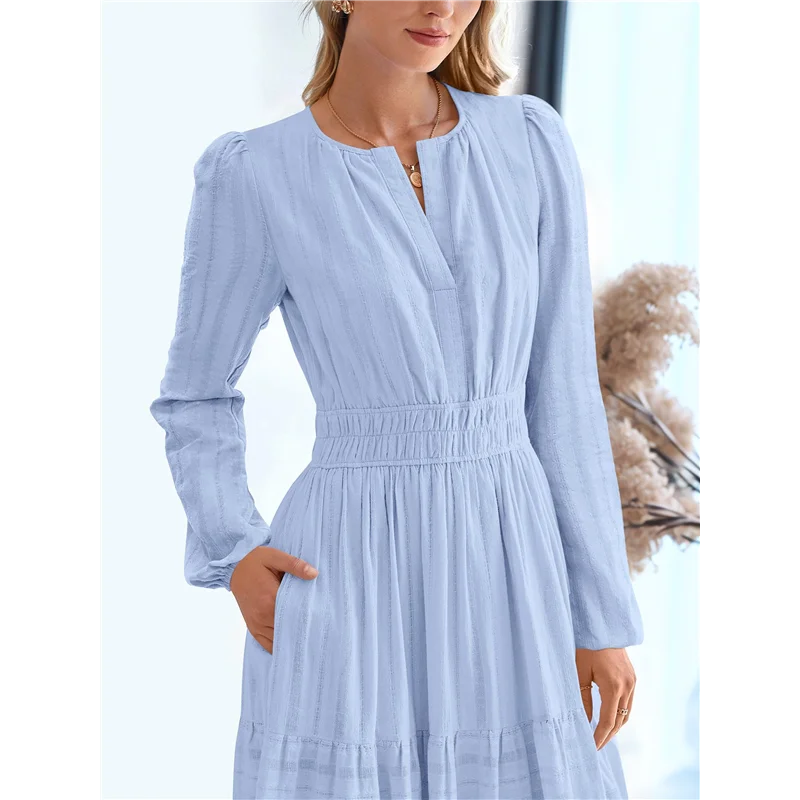 ABRT-女性用秋カジュアル長袖Vネックゴムウエスト軽量マキシ丈ウェディングゲストドレスポケット付き