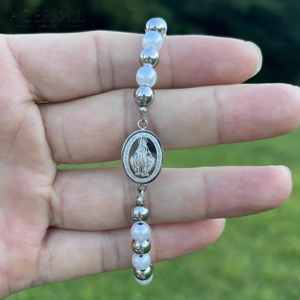 ACEROLL Stainless Steel Rosary Beads Bracelet with Saint Benedict,Miraculous Medal,Cross of the Sons and Daughters of the Light