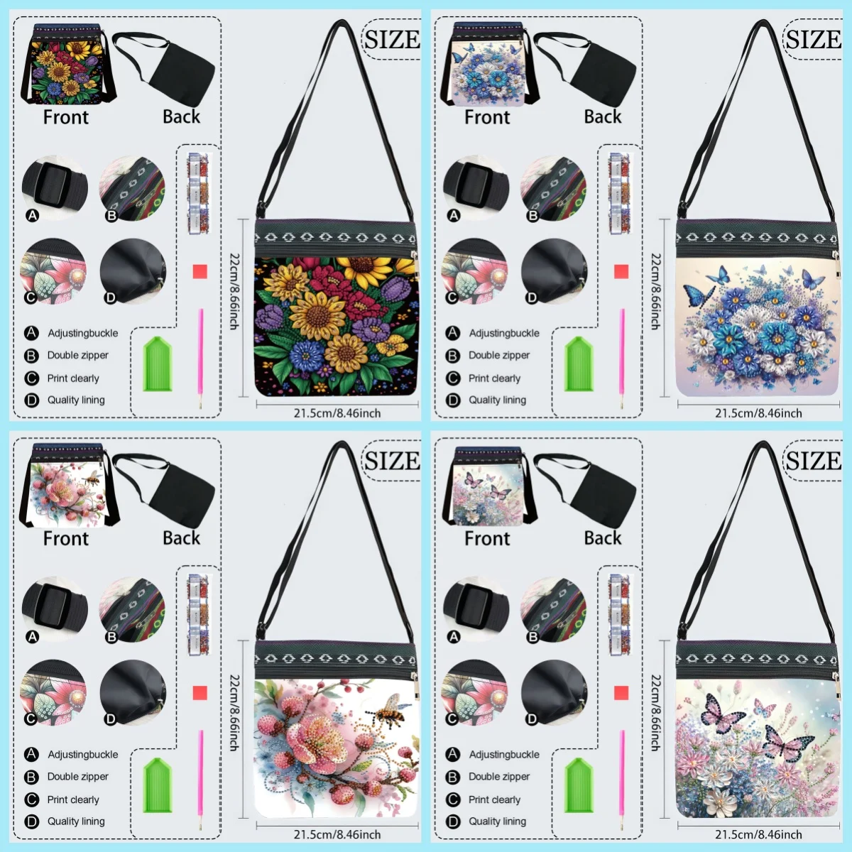 1 Piece Diamond Painting kit, vertical bag, Butterfly pattern, canvas Material, used to carry when going out, playing and travel