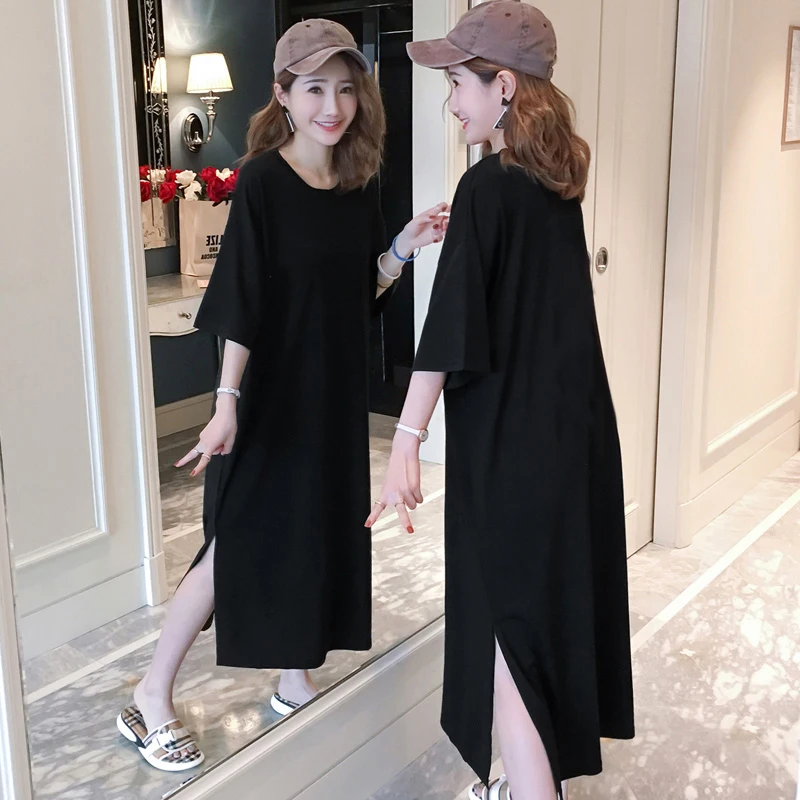 Summer Korean Style Sleep Dress Ladies plus Size Letter Print Long Over-Knee Home Clothes Mid-Sleeve Home Comfortable Nightgown