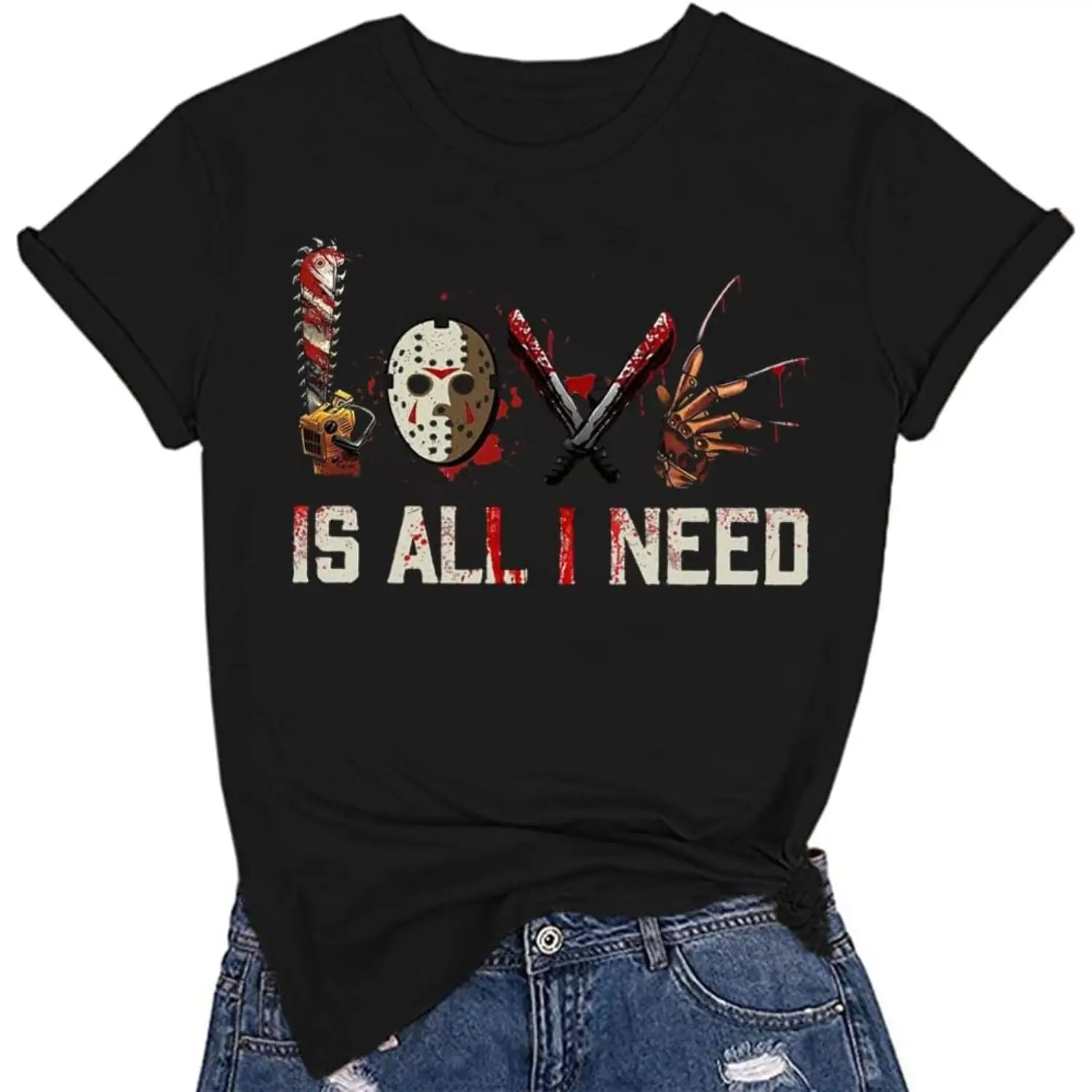 Love is All I Need Halloween Squad Shirt Women Novelty Horror Movies T-Shirt Halloween Scary Graphic Short Sleeve Top