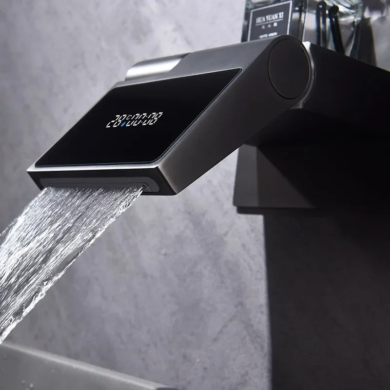 Bathroom Sink Mixer Gray Cold And Hot Waterfall  Digital Display Wall Mounted Foldable Square Basin Faucet New