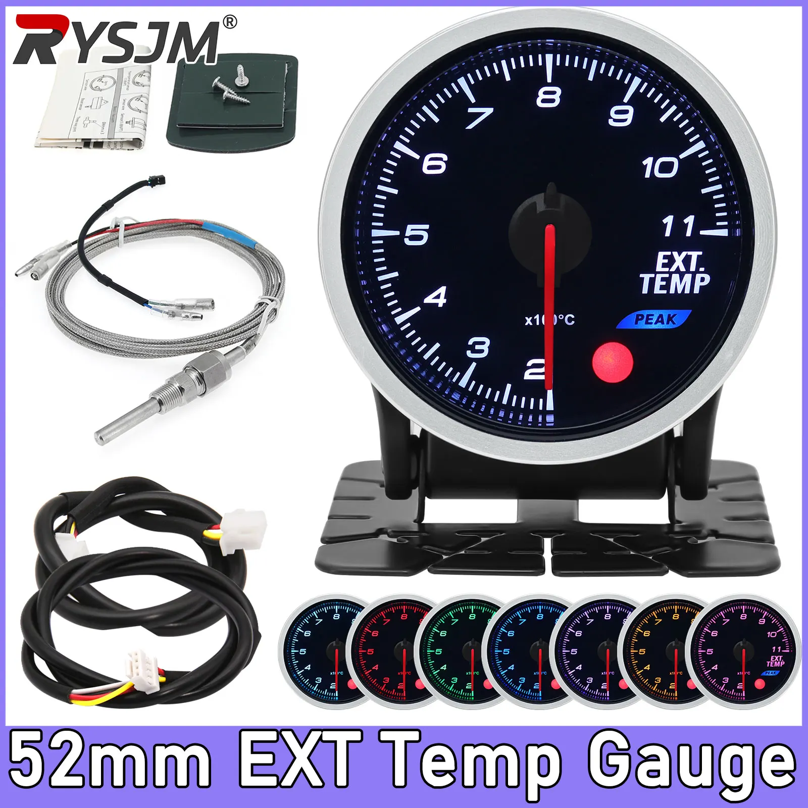 52mm EXT Temp Gauge 8 Colors Backlight Exhaust Gas Temperature Gauge With Sensor 12V Digital Exhaust Gas Temp Gauge EGT EXT