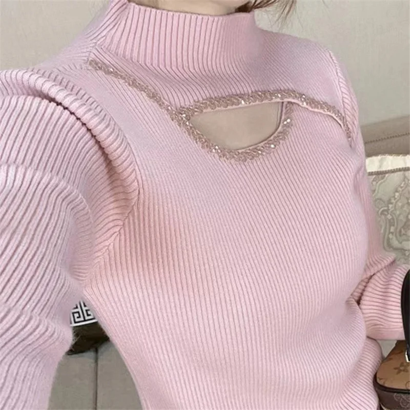 Elegant Chic Sexy Hollow Half High Collar Diamonds Basic Knitwear Fall Winter Fashion Slim Long Sleeve Solid Pullover Top Female