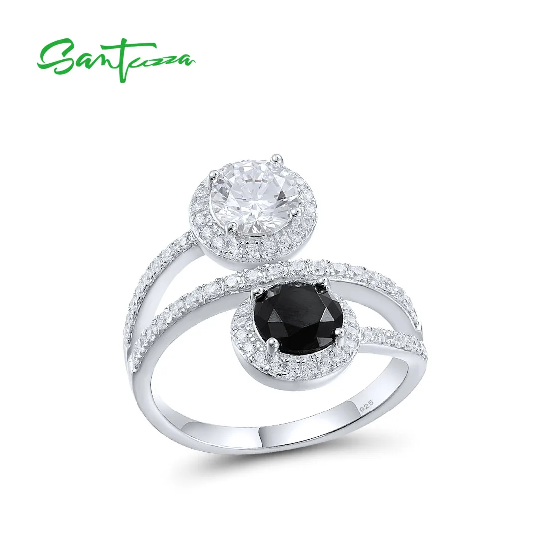 

SANTUZZA 925 Sterling Silver Rings For Women Black Spinel White CZ Charming Elegant Rings Wedding Gifts Fine Fashion Jewelry