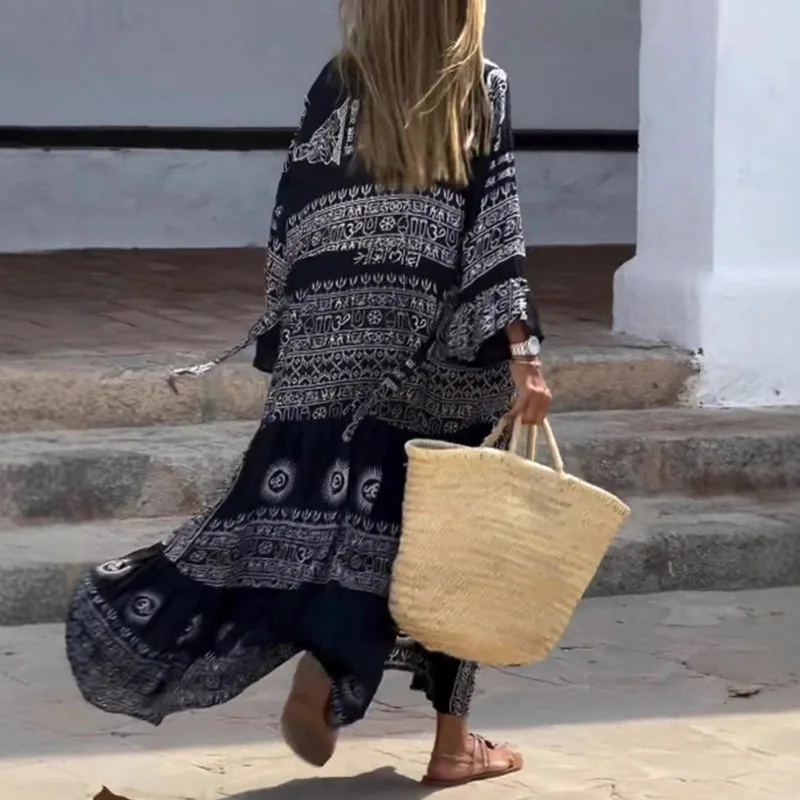 Woman V Neck Single Breasted Loose Boho Dress Spring Pattern Print Ethnic Vintage Dress Autumn Long Sleeve Belted Vacation Dress