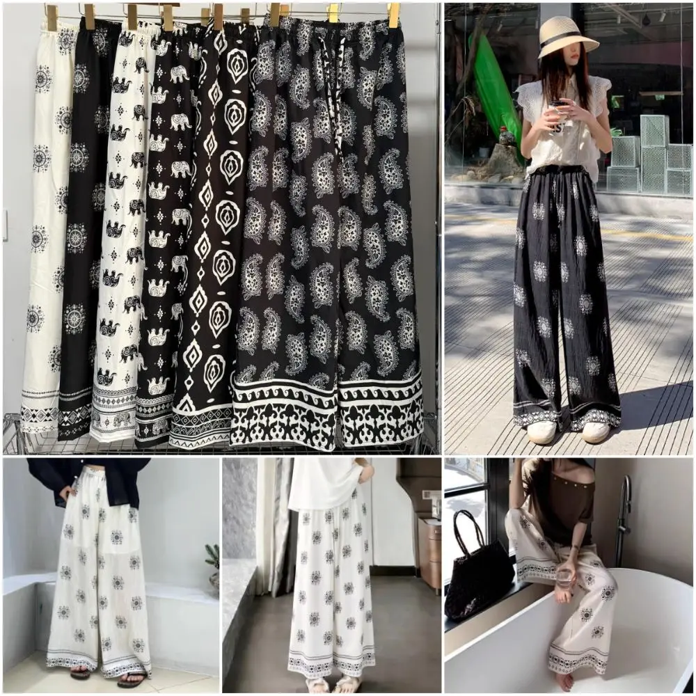 Versatile Boho Printed Long Pants Thin Soft Baggy Pants Laziness Drooping Sensation Straight-Leg Pants For Women