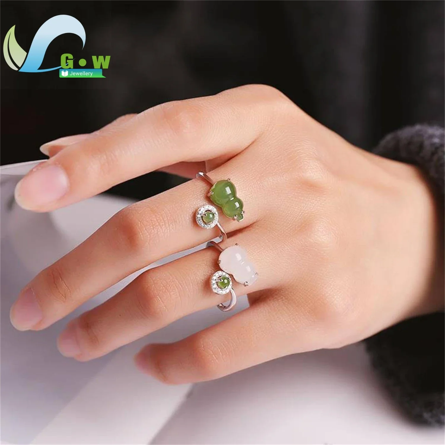 Fashion Adjustable 925 Silver Ring with White Green Jade Handmade Oriental Style Ruyi Gourd Symbol Lucky Charm Daily Wear